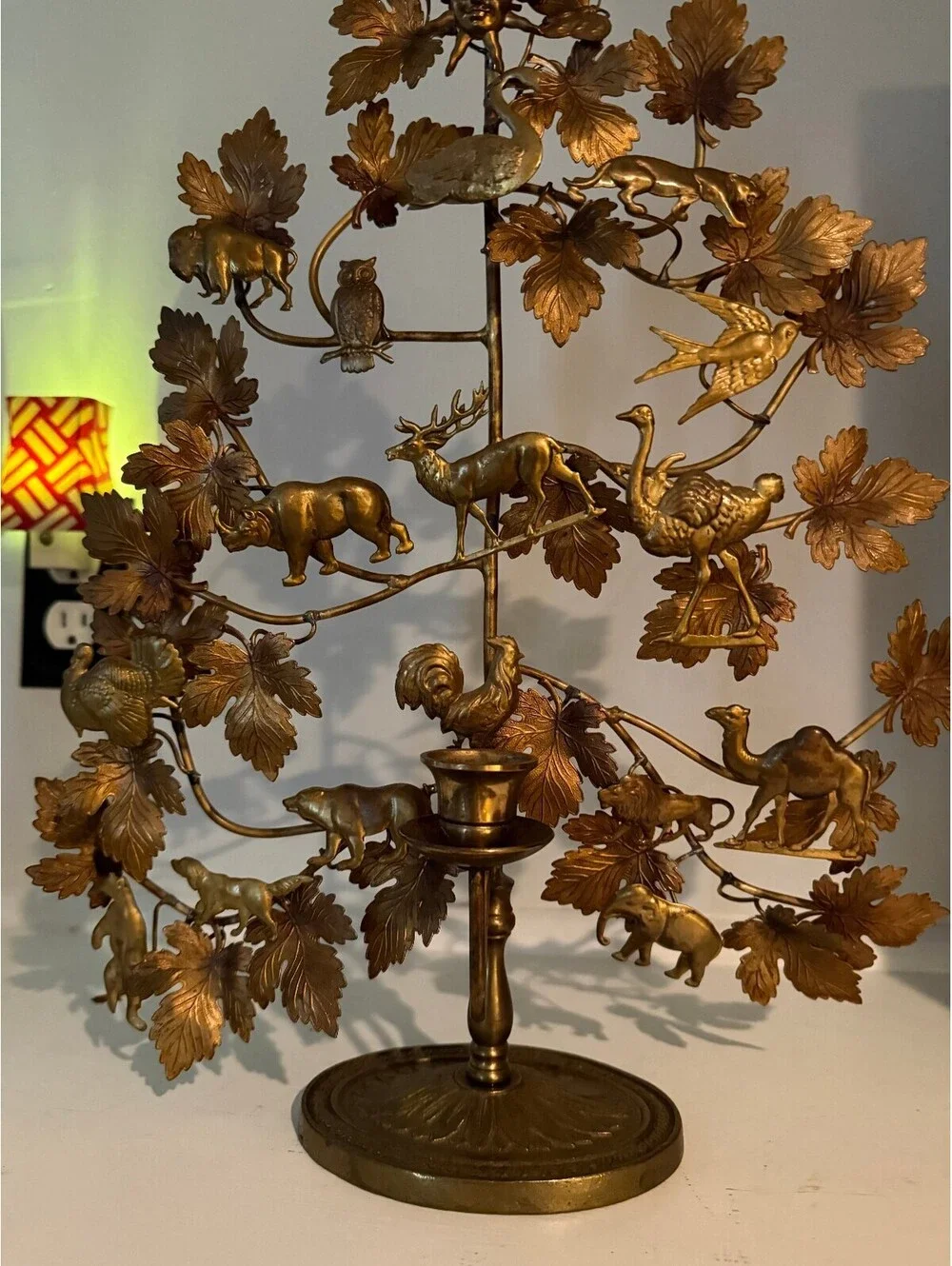 Vintage Brass Tree of Life Animals Birds Candle Holder Sculpture Large Ornate